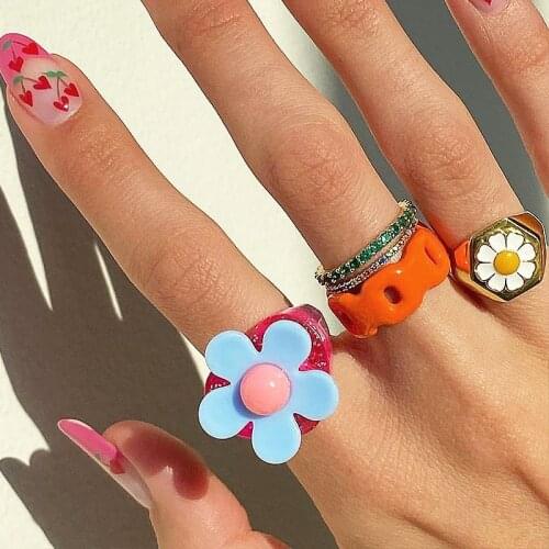 Flower Resin Rings for Women Personality Contrast Color Opening Adjustable Rings Finger Jewelry Gift Acrylic 2021 New Trendy