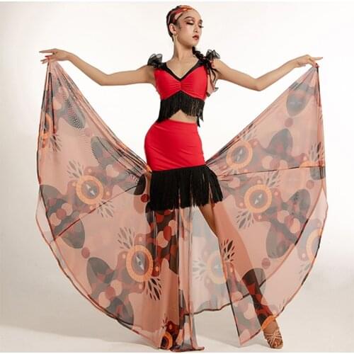Latin Dance Costumes Women New Fringe Tops Skirts Flamenco Performance Clothes Exotic Printed Latin Skirt Practice Wear BL6381