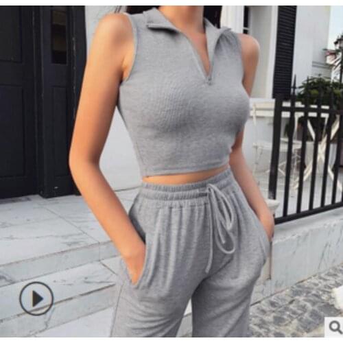 Women two pieces set sports fitness suit sleeveless pullover top and high waist long pants ,solid color 2pcs set
