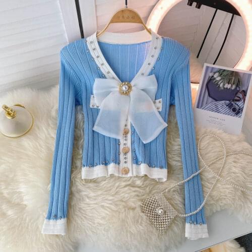 SINGREINY Design Beading Knitted Cardigan Women Sweet Bow V Neck Single Breasted Slim Knit Tops Autumn Korean Streetwear Sweater