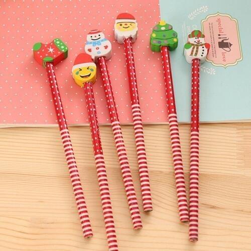 100Pcs Creative Wooden Pencil Rubber Merry Christmas Gift Santa Tree Deer Stationery Office School Supplies Kid Table Decoration