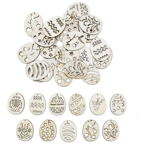 25Pcs 4cm Easter Egg Wood Slices Mixed Wooden Ornaments Crafts Drop Hanging Pendant For Home Decor DIY Easter Party Decorations