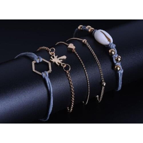 5Pcs/Set Women Fashion Conch Leaf Love Heart Chain Bracelets Bangles Jewelry Gold Color Chain Bracelets Sets Jewelry