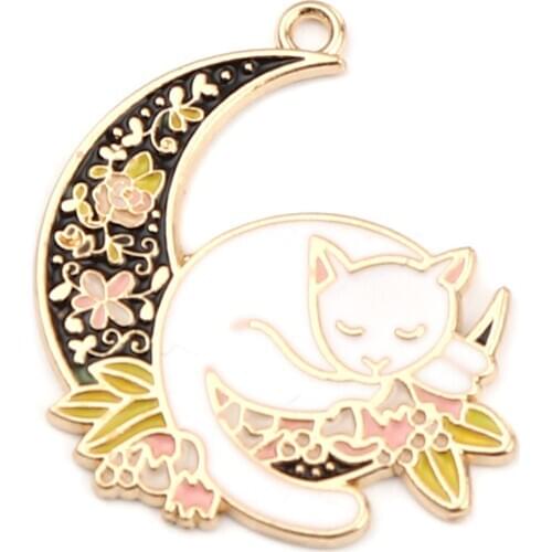 Handmade Gold Color Zinc Alloy Galaxy Pendants Half Moon Black & White Cat Enamel Charms DIY Making Jewelry 33mm x 29mm, 5 PCs