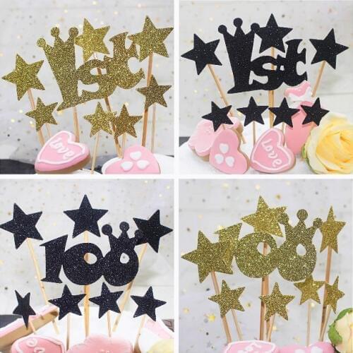 8pcs/lot 1st Birthday Cake Topper With Stars 100 Glitter Cupcake Flags Baby Shower Birthday Aniversary Party Cake Decor