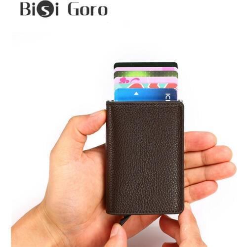BISI GORO RFID Pop-Up Card Holder Aluminum Box Litchi Soft Leather Card Case Information Protector Security Clutch Casual Wallet
