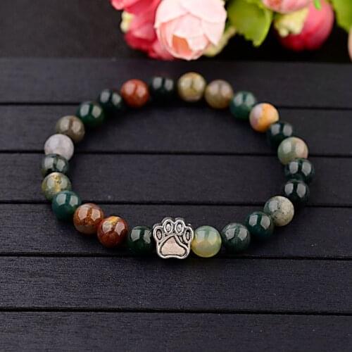 OIQUEI 8mm Multicolor Natural Stone Bracelets Men Women Alloy Dog Cat Footprint Paw Charms Bracelet Lovers Strench Jewelry Gift