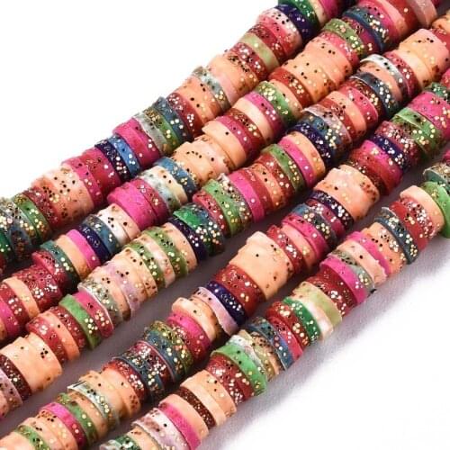 Flat Round Polymer Clay Beads Chip Disk Spacer Bead with Glitter Sequin Handmade Beads for Boho Bracelet Jewelry Making 10Strand