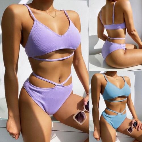 Damens solid split cut Bikini Swimsuit Bikini Push up Bikini 2021Push up Pad Badebekleidung Set Swimsuit Beachwear