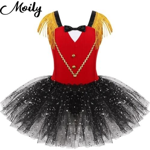 Kids Girls Mesh Tutu Skirts Leotard Dress Dancewear Sleeveless Sparkly Sequins Halloween Party Cosplay Circus Ringmaster Costume