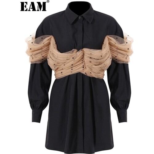 [EAM] Women Black Mesh Pleated Bandage Dot Shirt Dress New Lapel Long Sleeve Loose Fit Fashion Tide Spring Autumn 2021 1DE0957