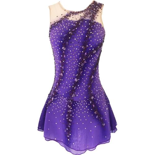 Purple Figure Skating Dress,Sleeveless Ice Skating Skirt,Spandex Competition Dresses,Half Collar Mesh Skirt