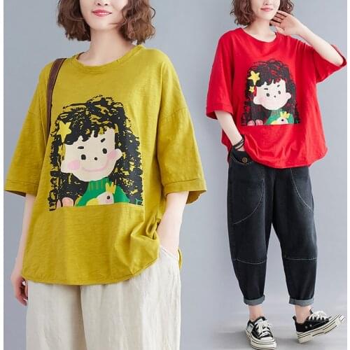 O-neck Soft Cotton Summer T Shirts Loose Tops Print Cartoon Korea Style Fashion Girls Street T Shirt Women Casual T-shirt Tees