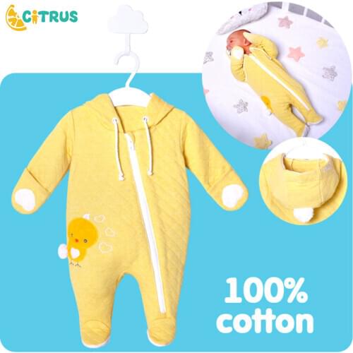 CITRUS Spring Cotton Baby Rompers Yellow Chick Catton Clothing Zipper Hooded Newborn Boy Girls Long Sleeves Jumpsuit