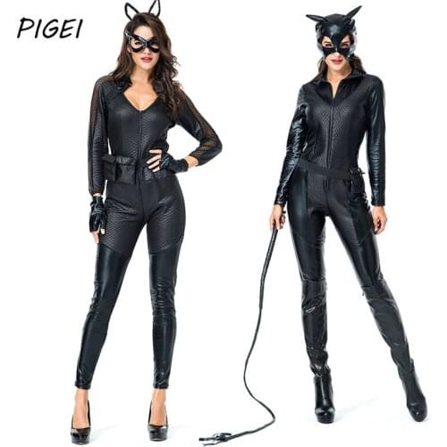 Halloween Cat Cosplay Costumes Women Bodysuits Adult Sexy Black Synthetic Leather Catsuit Whip Girls Carnival Party Disfraz Sets