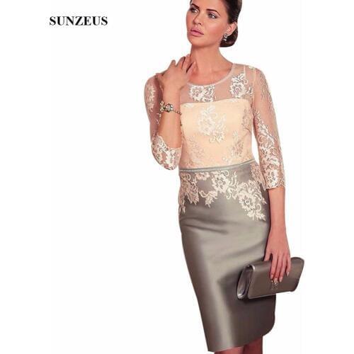 Knee-Length Lace Mother of the Bride Dresses 3/4 Sleeve Godmother Dress Satin Beaded Party Dress vestido de madrinha S629