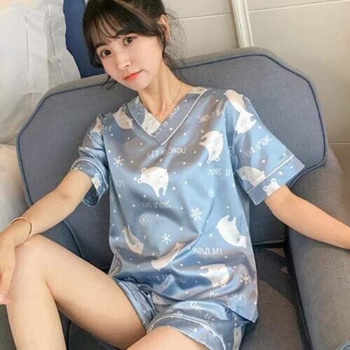 Two-piece Summer Women Sleepwear Suit Short-sleeve V-neck Tops Shorts Leisure Home Clothes Comfortable Cute Printed Sleepwear