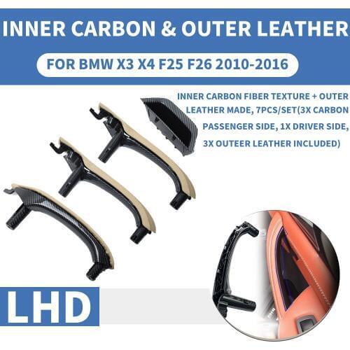 LHD Left Hand Carbon Fiber Beige Car Interior Inner Door Pull Handle Trim Cover W/ Outer Leather Full set For BMW X3 X4 F25 F26