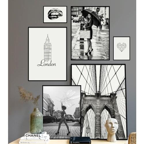 London Bridge Fashion Woman with Balloon Wall Art Canvas Painting Nordic Posters and Prints Wall Pictures for Living Room Decor