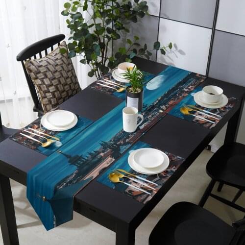 Prague Night Scenery Table Runner and Placemat Set Table Flag Table Runners Bed Banner for Home Party Wedding Decoration