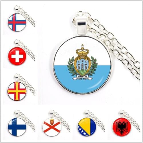 Gibraltarian Jersey San Marino Switzerland Guernsey Finland Faroe Islands Bosnia And Herzegovina Albania Glass Pendant Necklace