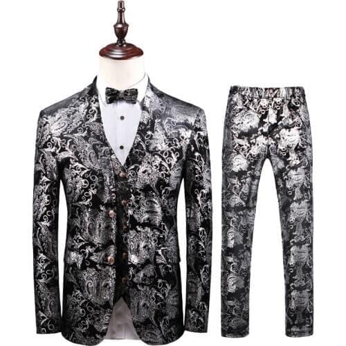 Luxury Bronzing Floral Velvet Tuxedo Suit Men Wedding Groom 3 Piece Suits Men Slim Fit Dress Suits Party Stage Singer Clothes
