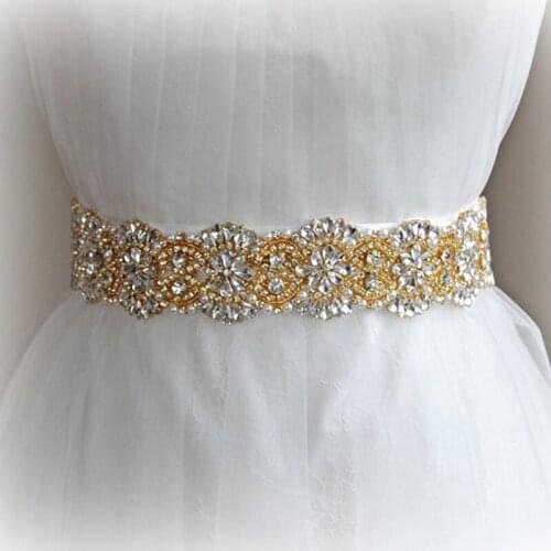 JLZXSY Handmade Gold Pearls Beaded Rhinestone Rhinestone Wedding Belts Crystal Bridal Sash Belts