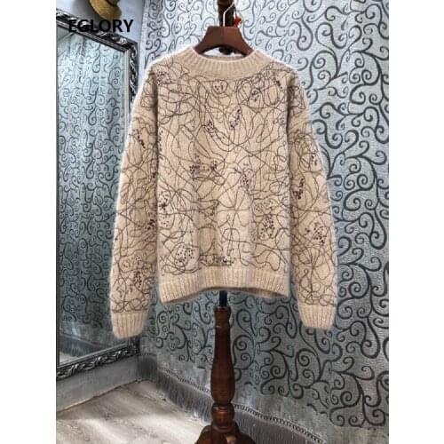 Plus size Sweaters 2020 Autumn Winter Wool Mohair Knitting Sequined Embroidery Deco Long Sleeve Casual Loose Sweaters Pullover