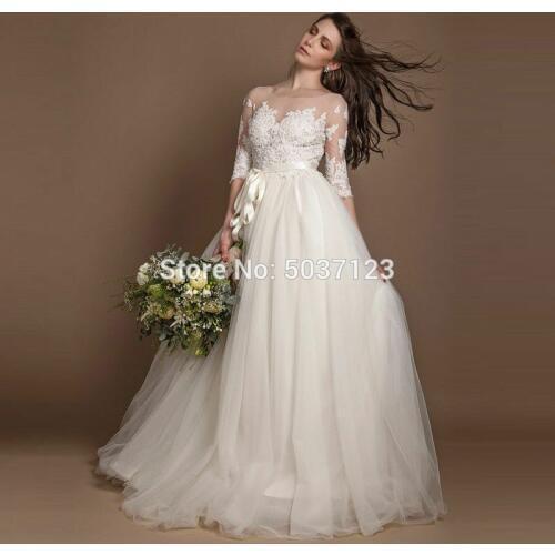 A Line Wedding Dresses Lace Appliques Robe De Mariée Scoop Illusion Backless Sweep Train Tulle Vestido De Noiva Bridal Gown