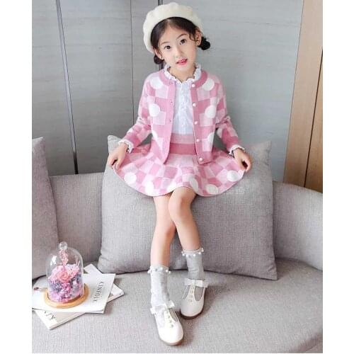 Girls Knitted Cardigan Skirt Suit Autumn Fashion Two-Piece Coat Skirt Set Children Clothing For 2-13 Years Old HPY202
