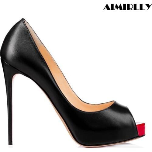 Womens Shoes Peep Toe High Heels Platform Pumps Red Toe Stilettos Ladies Clubwear Party Footwear Black Slip On Aimirlly