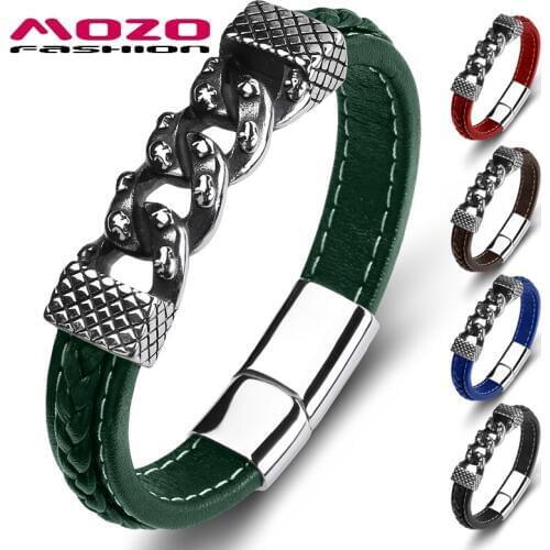 Retro Female Bangles Genuine Leather Stainless Steel Charm Punk Fashion Jewelry Male Bracelets Green