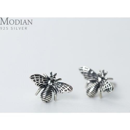 Modian Vintage Realistic Bee Stud Earrings for Women Girls Charm Insect Ear Studs 925 Sterling Silver Bijoux Jewelry Brincos