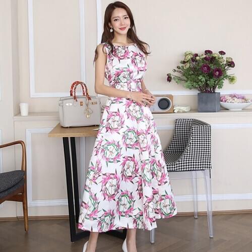 New arrival fashion vintage beach cute sleeveless print dress women elegant temperament OL high quality long a-line dress