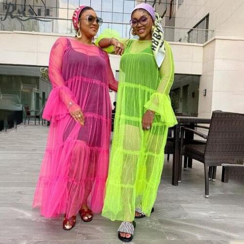 RMSFE 2021 European And American Womens Large Long Sleeve Round Neck Sexy Mesh Perspective Stitching Dress