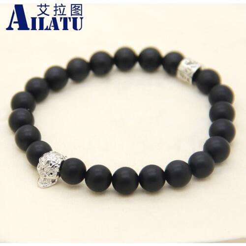 Ailatu Delicate Copper Skeleton Charm Bracelet with Black Scrub Beads Men and Womens Elastic Bronze Skull Jewelry