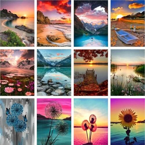 New 5d Diamond Painting Diy Landscape Coast Sunset Dandelion Cross Stitch Kit Mosaic Living Room Home Decoration Christmas Gift