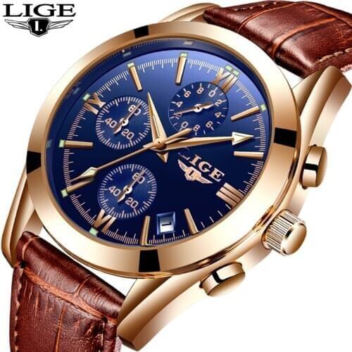 LIGE 2020 Leather Watches Men Casual Sport Chronograph Top Brand Luxury Quartz Men Watch Waterproof Date watch Relogio Masculino