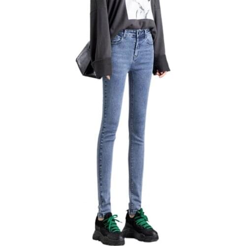 Jeans Stretchy High Waist Thicken Women Tight Regular Slim Jeans for Work Light Blue Denim Pants Long Straight Wide Jeans Pants
