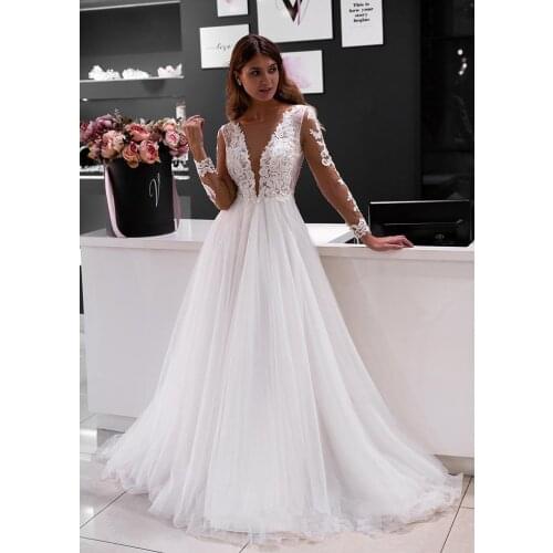 Elegant Wedding Dresses 2020 Long Sleeve Bridal Gowns Beach Wedding Bride Dress Plus Size Boho V-neck White Ivory Lace Appliqued