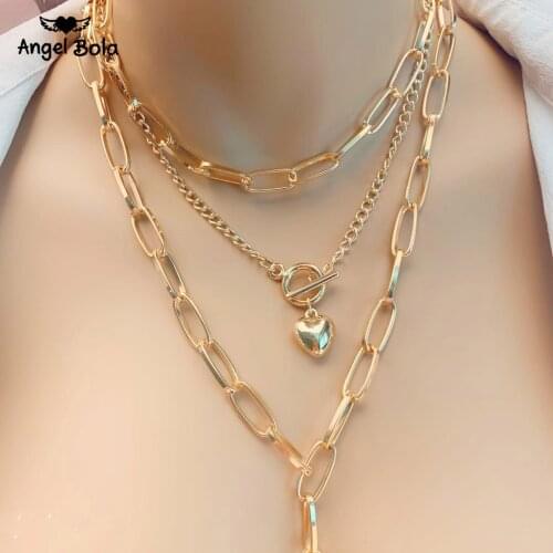 Gothic Layered Baroque Chunky Chain Necklace Colar Punk Gold Color Heart Pendant Choker Necklace Festival Couple Jewelry