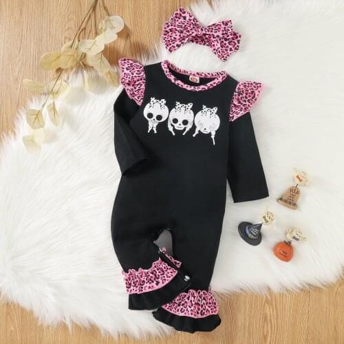 Baby Girls Two-piece Clothes Set Black Printed Pattern Long Sleeve Romper and Bow Knot Headdress