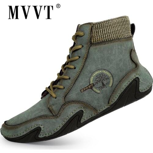 Handmade Leather Men Boots Fashion Retro Ankle Boots Khaki Outdoor Men Shoes Hand-stitching Casual Leather Shoes Platform Boots
