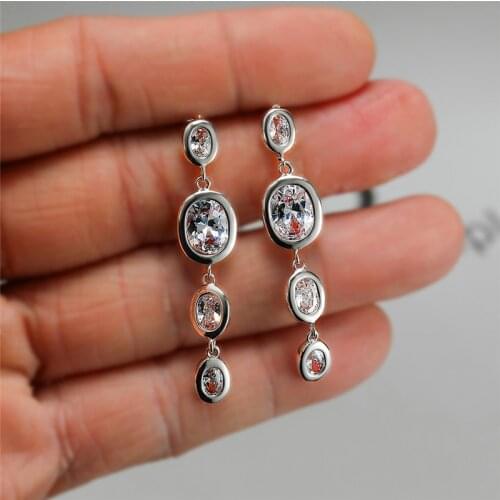 Luxury Female White Crystal Drop Earrings Charm Silver Color Dangle Earrings For Women Cute Geometric Long Wedding Earrings