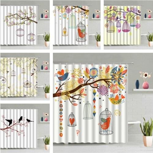 Cartoon Lovely Bird Shower Curtain Twig Bird Cage Colorful Plant Flower Hanging Curtains Child Girl Bathroom Decor Screen Hooks