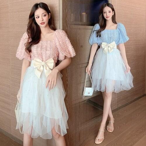 New 2021 High Quality Women Summer 2 Piece Sets Lady Fashion Sweet Slim Tops Beading Mesh Skirt Two-piece Suit With Bow Belt