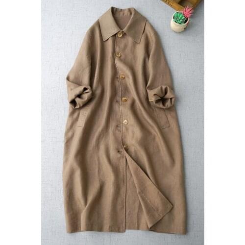 Autumn loose long coat simple literary womens clothing linen Lapel long sleeve windbreaker casual cardigan 0902-4