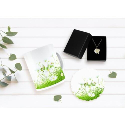 Personalized Daisy Themed Mug Coaster and Double Is Daisy Necklace Seti-6