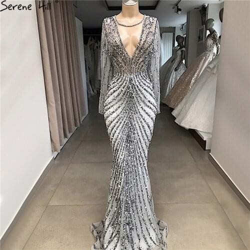 Dubai Luxury Grey Slim Mermaid Prom Dresses 2020 Long Sleeves Beading Sequined Sexy Prom Gown Serene Hill BLA60974