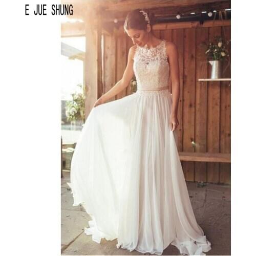 E JUE SHUNG Simple Long Chiffon Wedding Dresses Jewel Neck Button Back Boho Lace Bridal Gown Robe De Mariee Bride Dresses